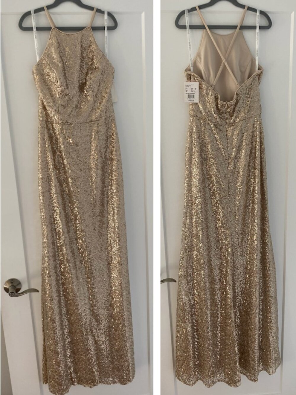 David's Bridal Gold Sequin Evening Gown with Crisscross Back